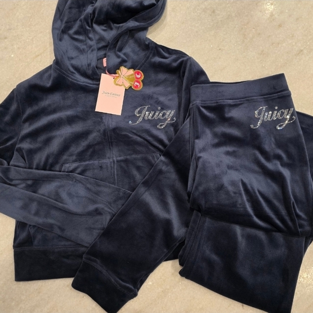 NWT! M JUICY COUTURE BLING TRACKSUIT Regal Blue Pants & Hoodie Rare Gift Set New